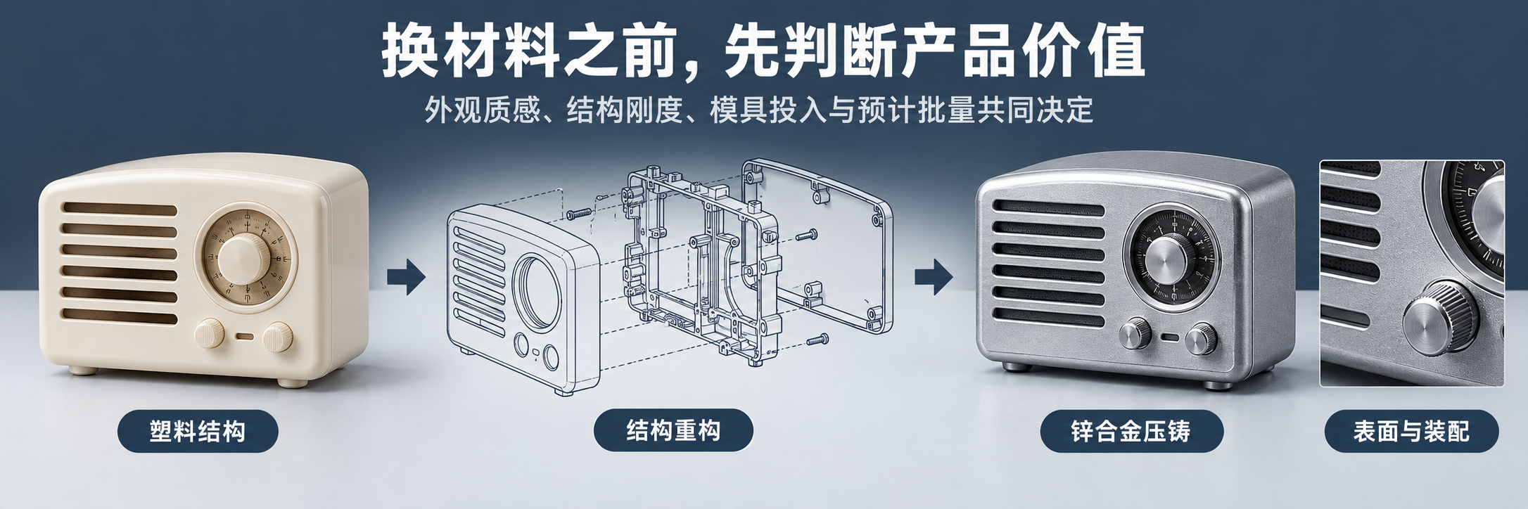复古收音机塑料壳体改用锌合金压铸，需要评估哪些条件？